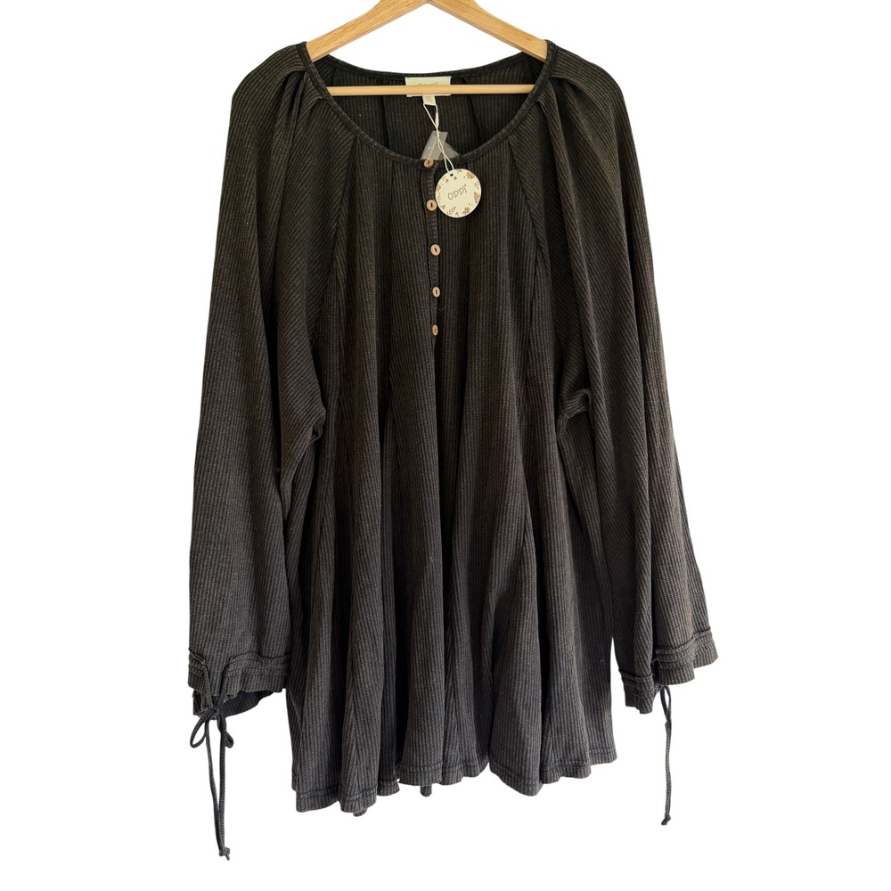Oddi Womens 2XL Charcoal Grey Waffle Knit Henley Tunic Top IT14555P NEW